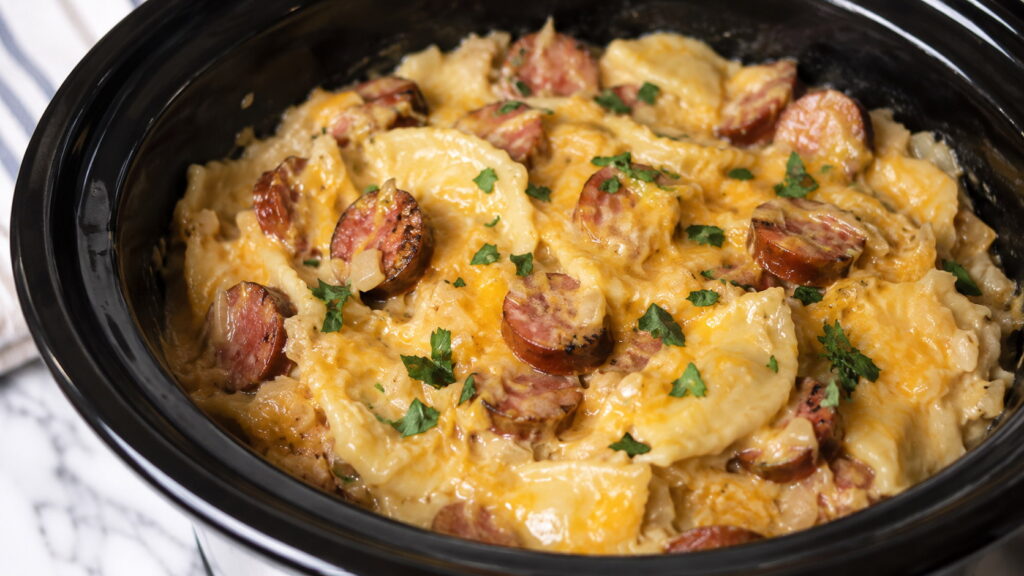 Crock Pot Pierogi Casserole with Kielbasa Recipe